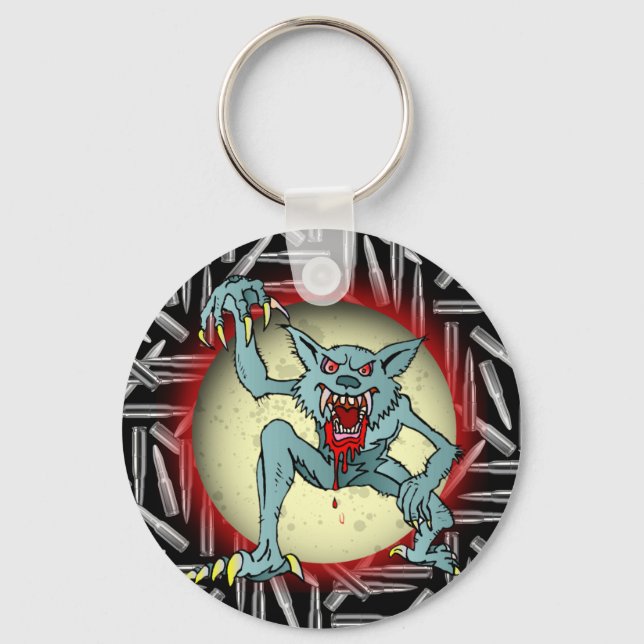 Silver Bullets, Grey Werewolf Full Moon Halloween Keychain (Front)