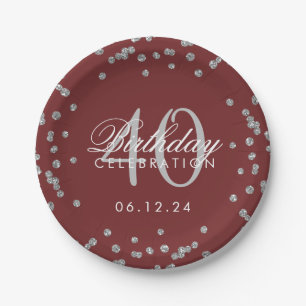 Silver Burgundy 40th Birthday Glitter Confetti Paper Plate