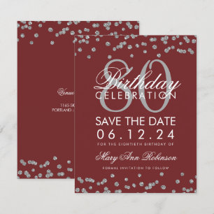 Silver Burgundy 80th Birthday Save Date Confetti Invitation