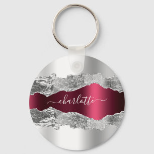 Silver burgundy agate marble name keychain