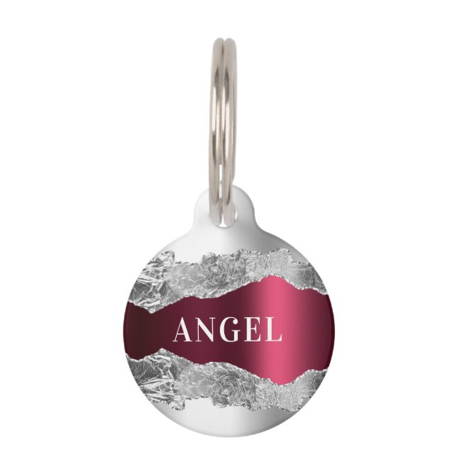 Silver burgundy agate marble name pet tag (Front)