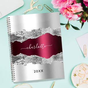 Silver burgundy agate marble name script notebook