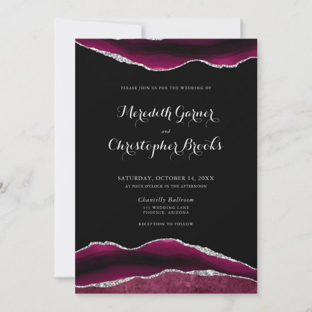 Silver Burgundy Agate Wedding Invitation (Front)