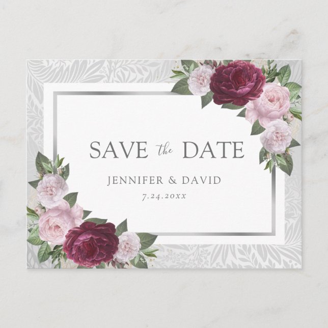 Silver Burgundy Blush Wedding Save The Date Announcement Postcard (Front)