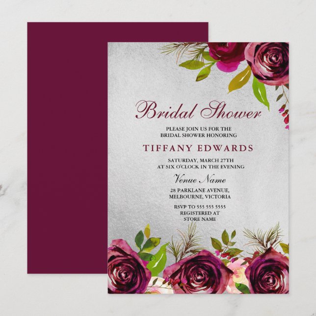 Silver Burgundy Floral Bridal Shower Invitation (Front/Back)