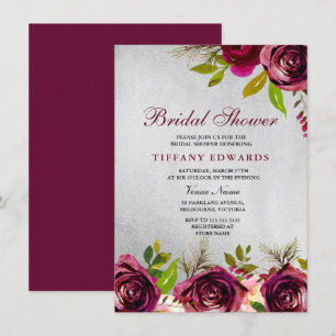 Silver Burgundy Floral Bridal Shower Invitation