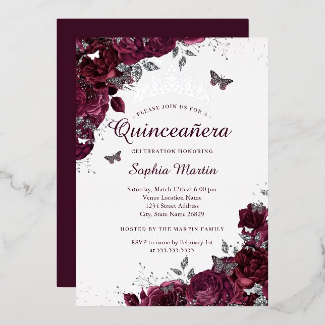 Silver Burgundy Floral Elegant Quinceanera (Front/Back)