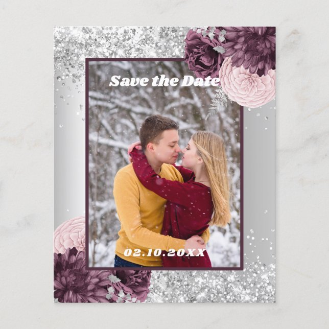 Silver burgundy floral photo Save the Date wedding Flyer (Front)