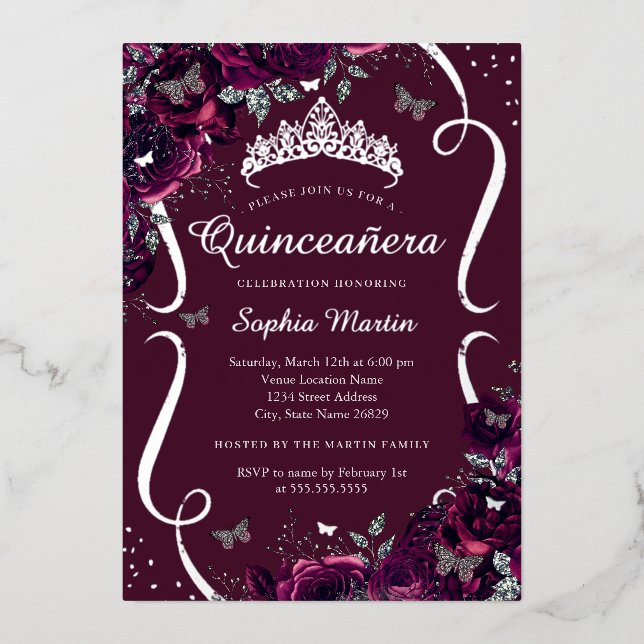 Silver Burgundy Floral Rose Butterfly Quinceanera (Front)