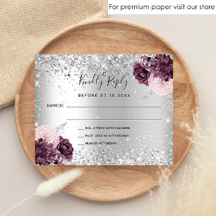 Silver burgundy florals budget wedding RSVP card