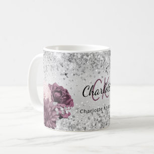 Silver burgundy florals elegant monogram name coffee mug