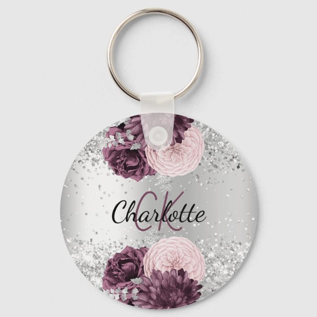 Silver burgundy florals elegant name keychain (Front)