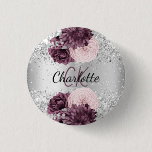Silver burgundy florals elegant name tag 1 inch round button