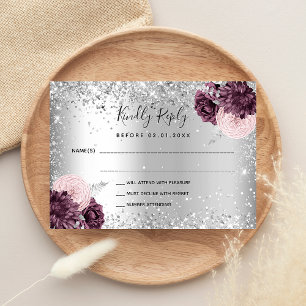 Silver burgundy florals glitter wedding RSVP Card