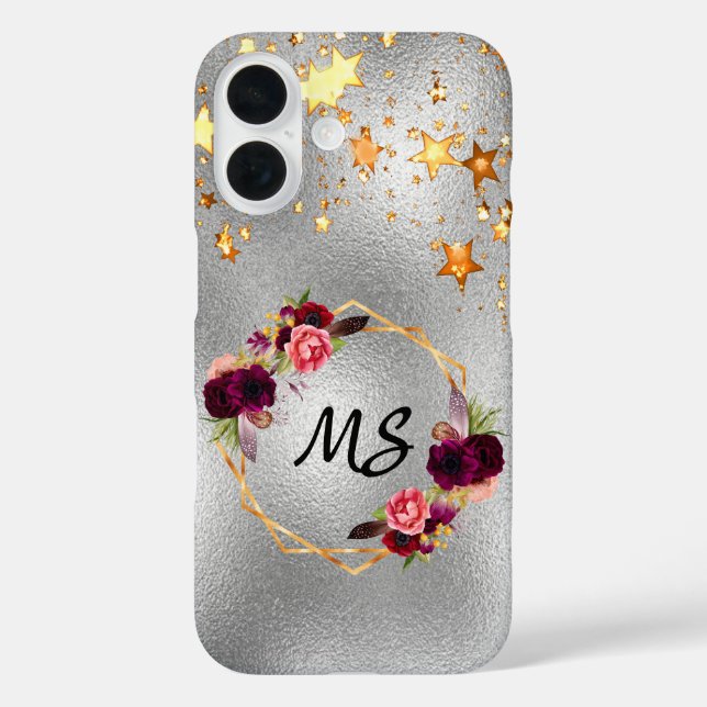 Silver burgundy flowers gold stars monogram Case-Mate iPhone case (Back)