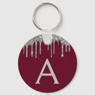 Silver Burgundy Girly Sparkly Glitter Monogram Keychain