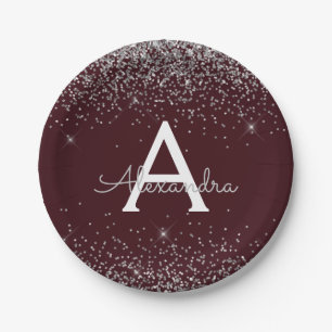 Silver Burgundy Glitter Sparkle Monogram Birthday Paper Plate