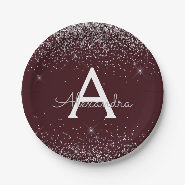 Silver Burgundy Glitter Sparkle Monogram Birthday Paper Plate (Front)