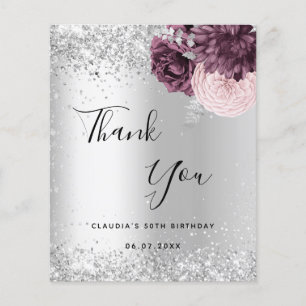 Silver burgundy pink floral thank you card