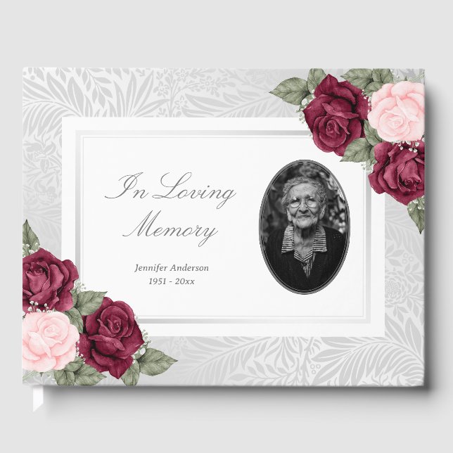 Silver Burgundy Pink Roses Botanical Funeral Photo Guest Book (Front)
