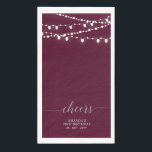 Silver Burgundy Red String Lights Lettering Cheers Napkin<br><div class="desc">Add stylish detail to your special day with this custom party napkin. This design features elegant script lettering " Cheers" with string lights. You can personalize the text for any event or party. Matching invitations and party supplies are available in my shop BaraBomDesign.</div>