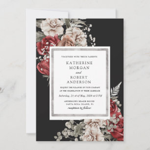 silver burgundy rustic floral Wedding Invitation