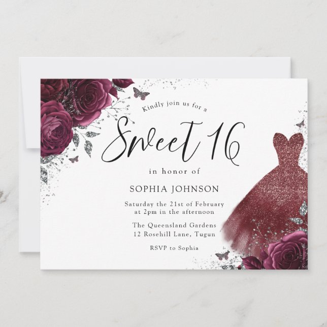 Silver Burgundy Sparkle Dress Rose Sweet 16 Invitation (Front)