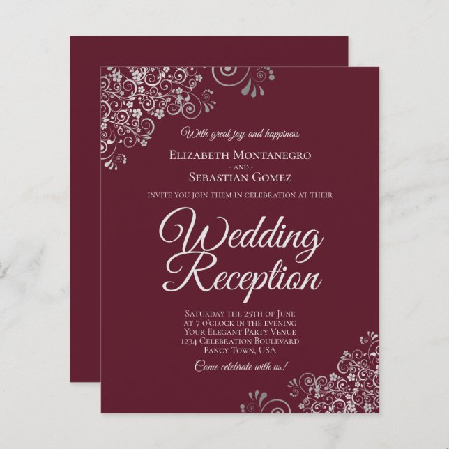 Silver & Burgundy Wedding Reception BUDGET Invite (Front/Back)