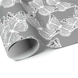 Silver butterflies pattern, cute insects, Admiral Wrapping Paper