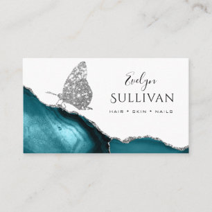 silver butterfly and teal agate business card