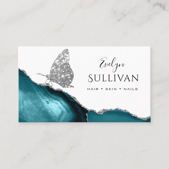 silver butterfly and teal agate business card (Front)