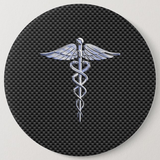Silver Caduceus Medical Symbol Carbon Fibre Style 6 Inch Round Button (Front)
