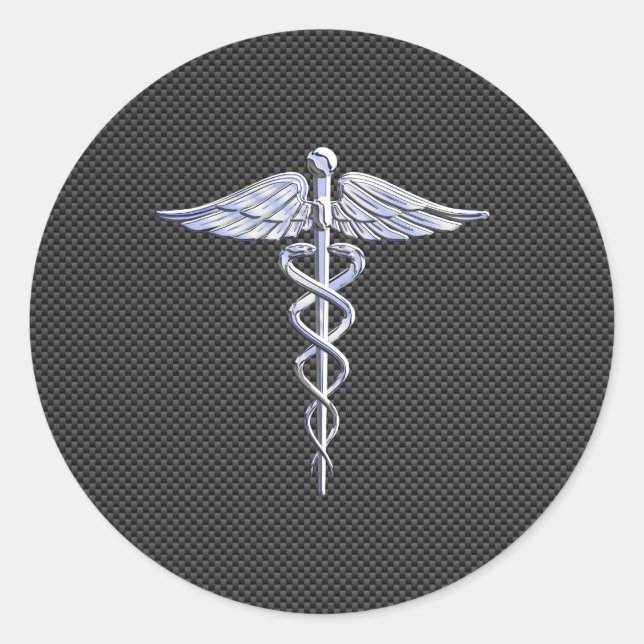 Silver Caduceus Medical Symbol Carbon Fibre Style Classic Round Sticker (Front)