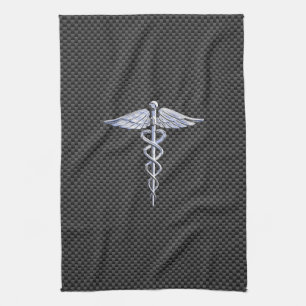 Silver Caduceus Medical Symbol Carbon Fibre Style Kitchen Towel
