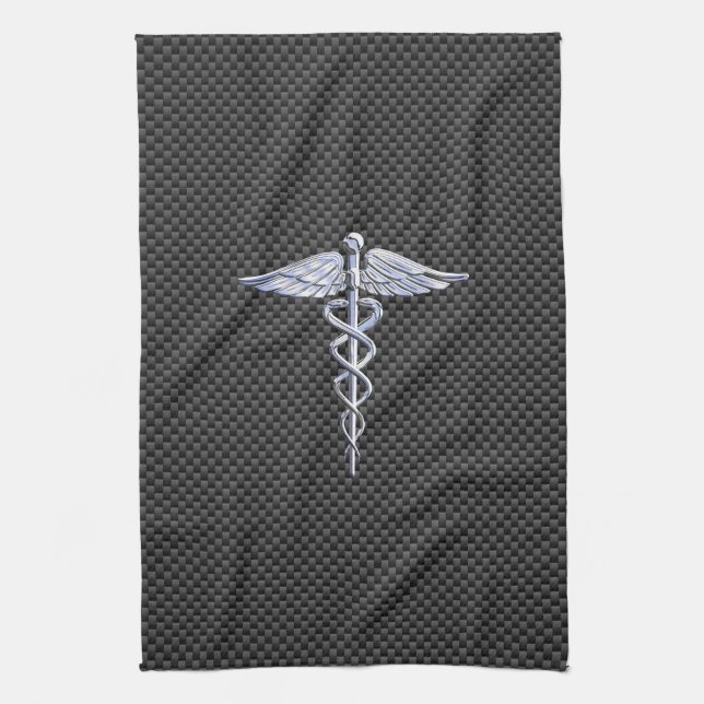 Silver Caduceus Medical Symbol Carbon Fibre Style Kitchen Towel (Vertical)