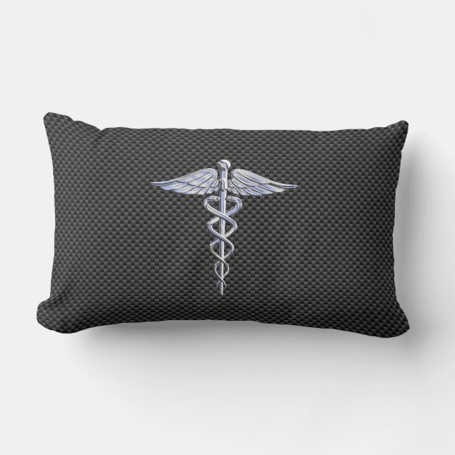 Silver Caduceus Medical Symbol Carbon Fibre Style Lumbar Pillow (Front)