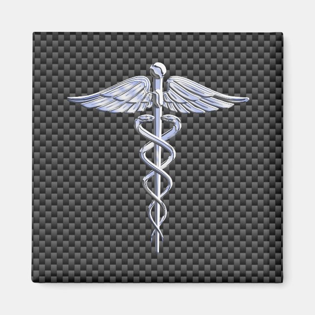 Silver Caduceus Medical Symbol Carbon Fibre Style Magnet (Front)