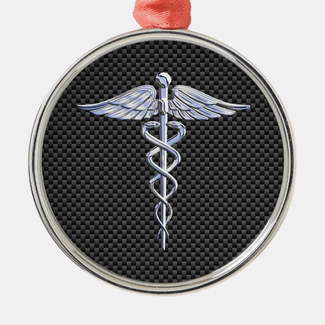 Silver Caduceus Medical Symbol Carbon Fibre Style Metal Ornament (Front)