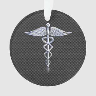 Silver Caduceus Medical Symbol Carbon Fibre Style Ornament