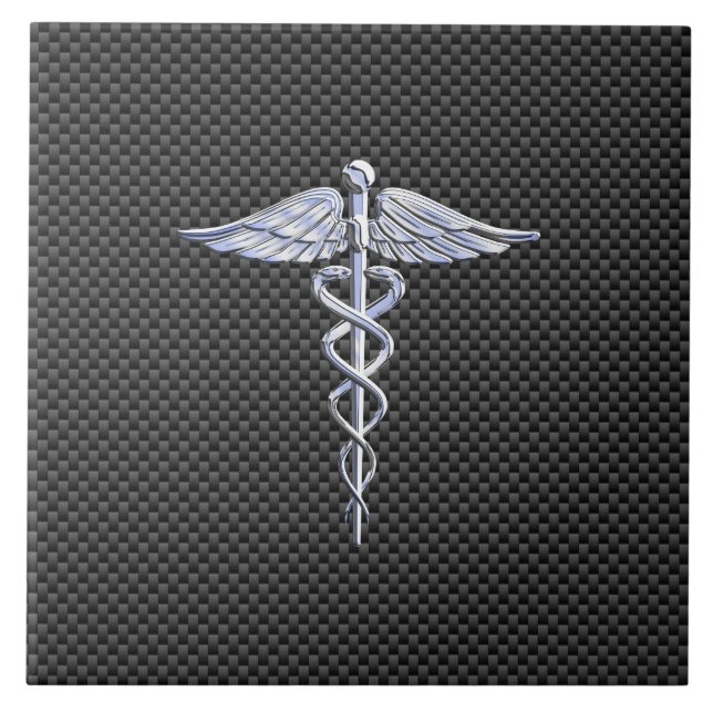 Silver Caduceus Medical Symbol Carbon Fibre Style Tile (Front)
