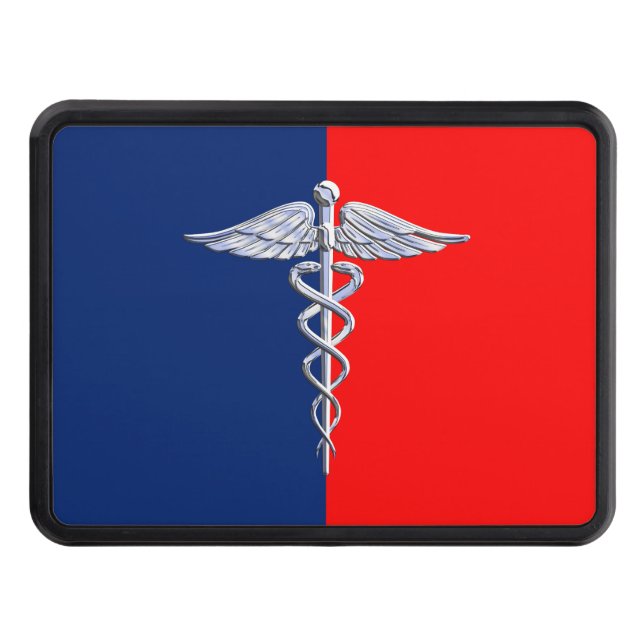 Silver Caduceus Medical Symbol League Trailer Hitch Cover (Front)