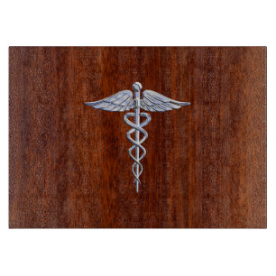 Silver Caduceus Medical Symbol Mahogany Decor Cutting Board