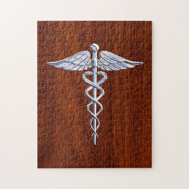 Silver Caduceus Medical Symbol Mahogany Decor Jigsaw Puzzle (Vertical)