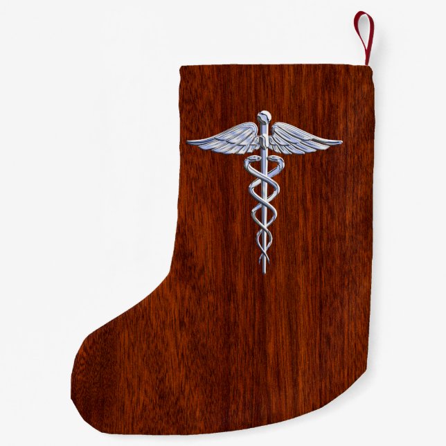 Silver Caduceus Medical Symbol Mahogany Decor Small Christmas Stocking (Back)