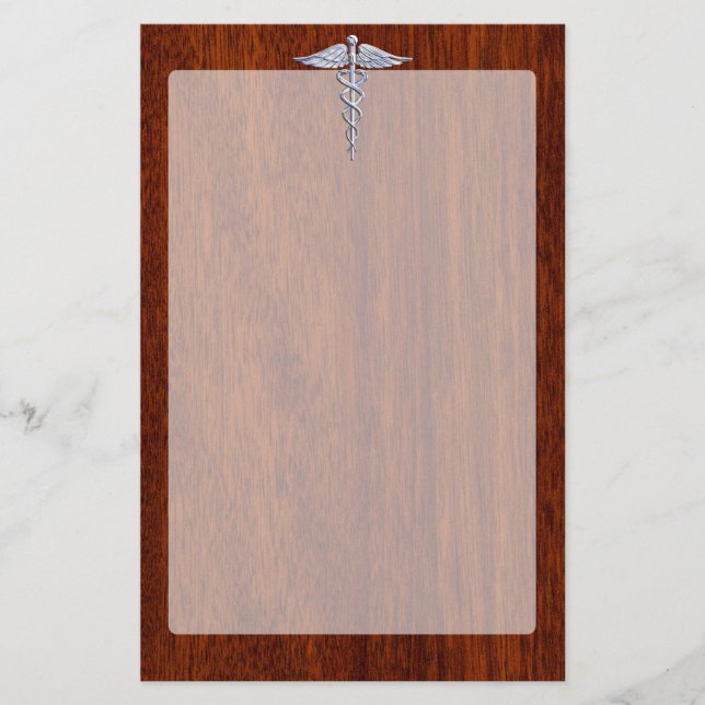 Silver Caduceus Medical Symbol Mahogany Decor Stationery (Front)