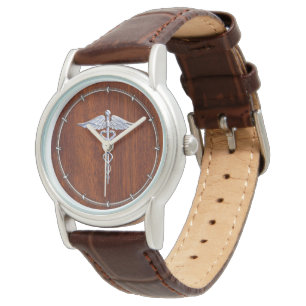 Silver Caduceus Medical Symbol Mahogany Decor Watch
