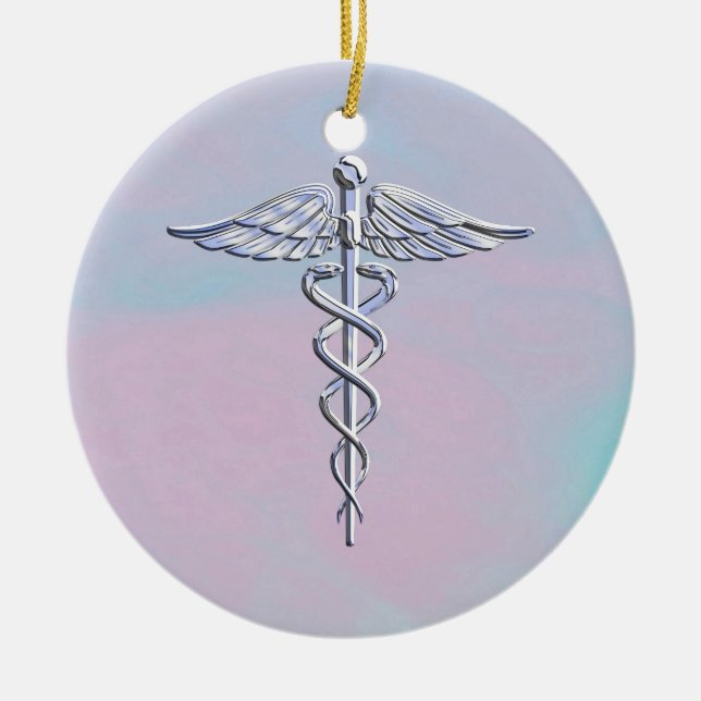 Silver Caduceus Medical Symbol Mother Pearl Decor Ceramic Ornament (Front)