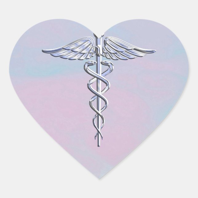 Silver Caduceus Medical Symbol Mother Pearl Decor Heart Sticker (Front)