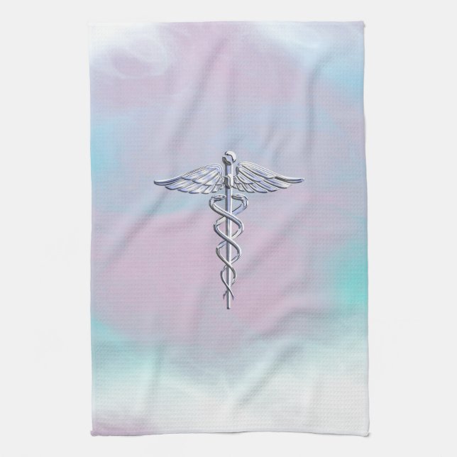 Silver Caduceus Medical Symbol Mother Pearl Decor Kitchen Towel (Vertical)