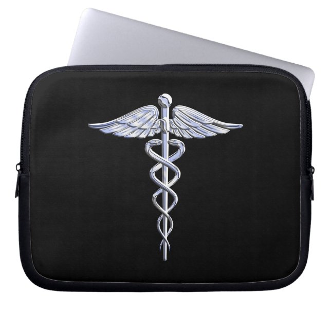 Silver Caduceus Medical Symbol on Black Laptop Sleeve (Front)